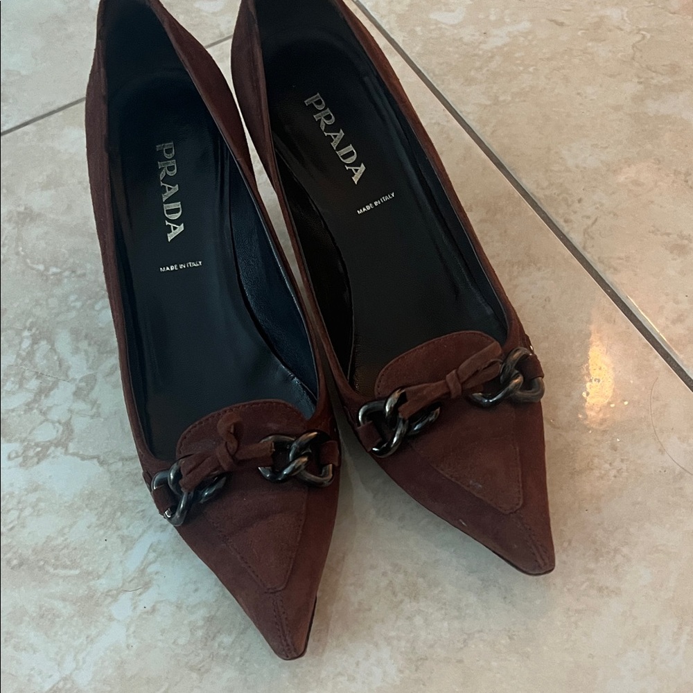 Prada Women's Brown Suede Heels with Chain Detail 36